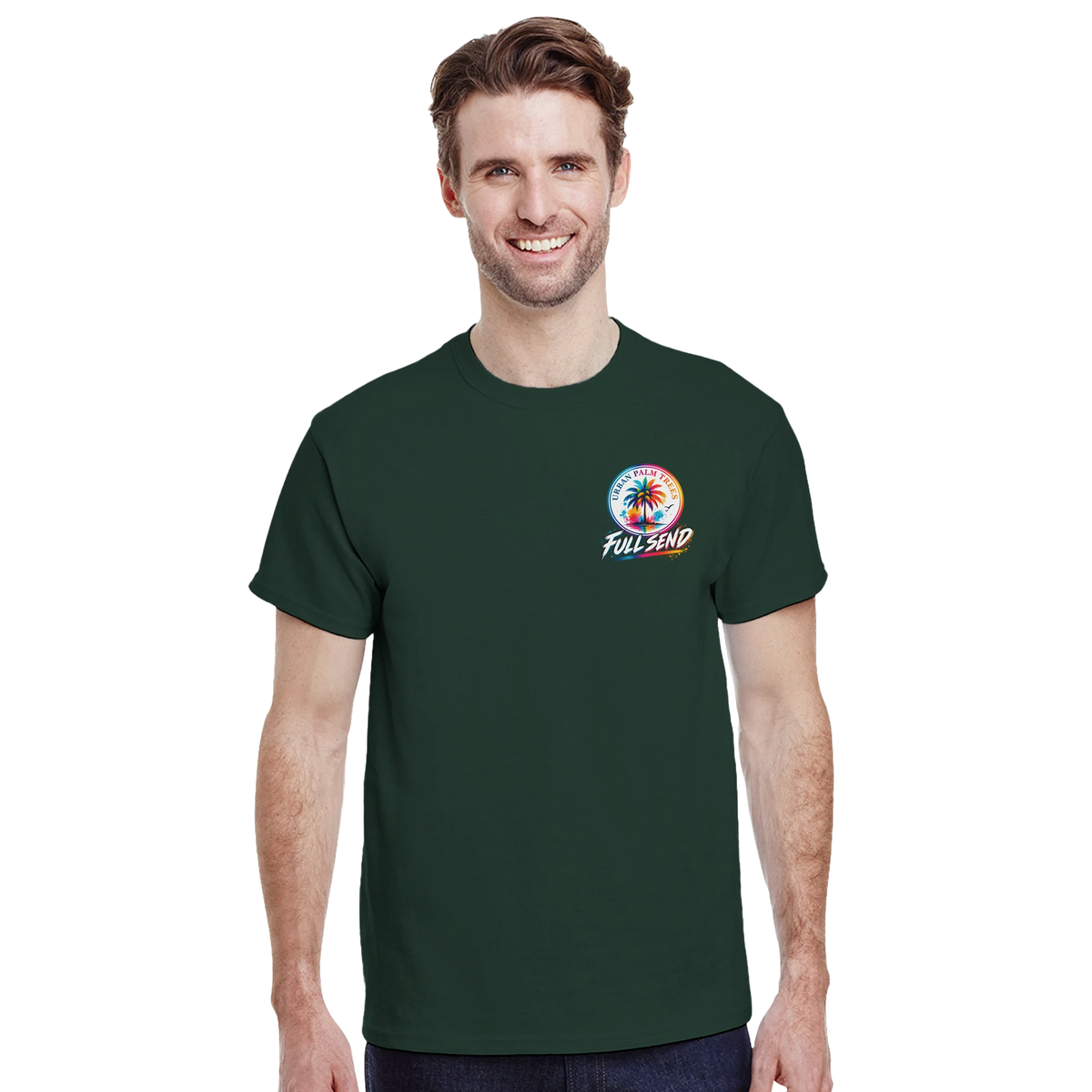 Man wearing dark green t-shirt with colorful Urban Palm Trees Full Send palm tree graphic on chest.