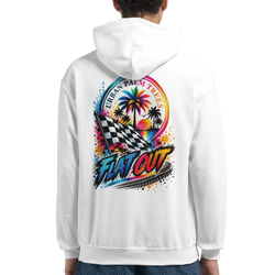 White men's hoodie featuring retro "Flat Out" graphic with checkered flag, palm trees, and sunset for petrolhead streetwear.