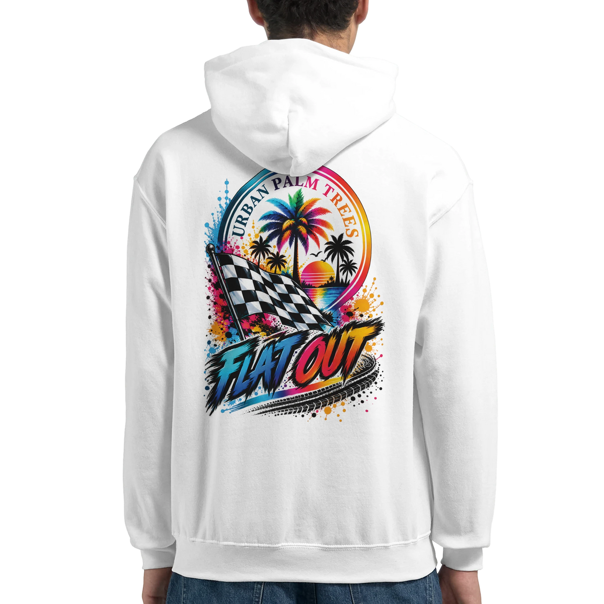 White men's hoodie featuring retro "Flat Out" graphic with checkered flag, palm trees, and sunset for petrolhead streetwear.
