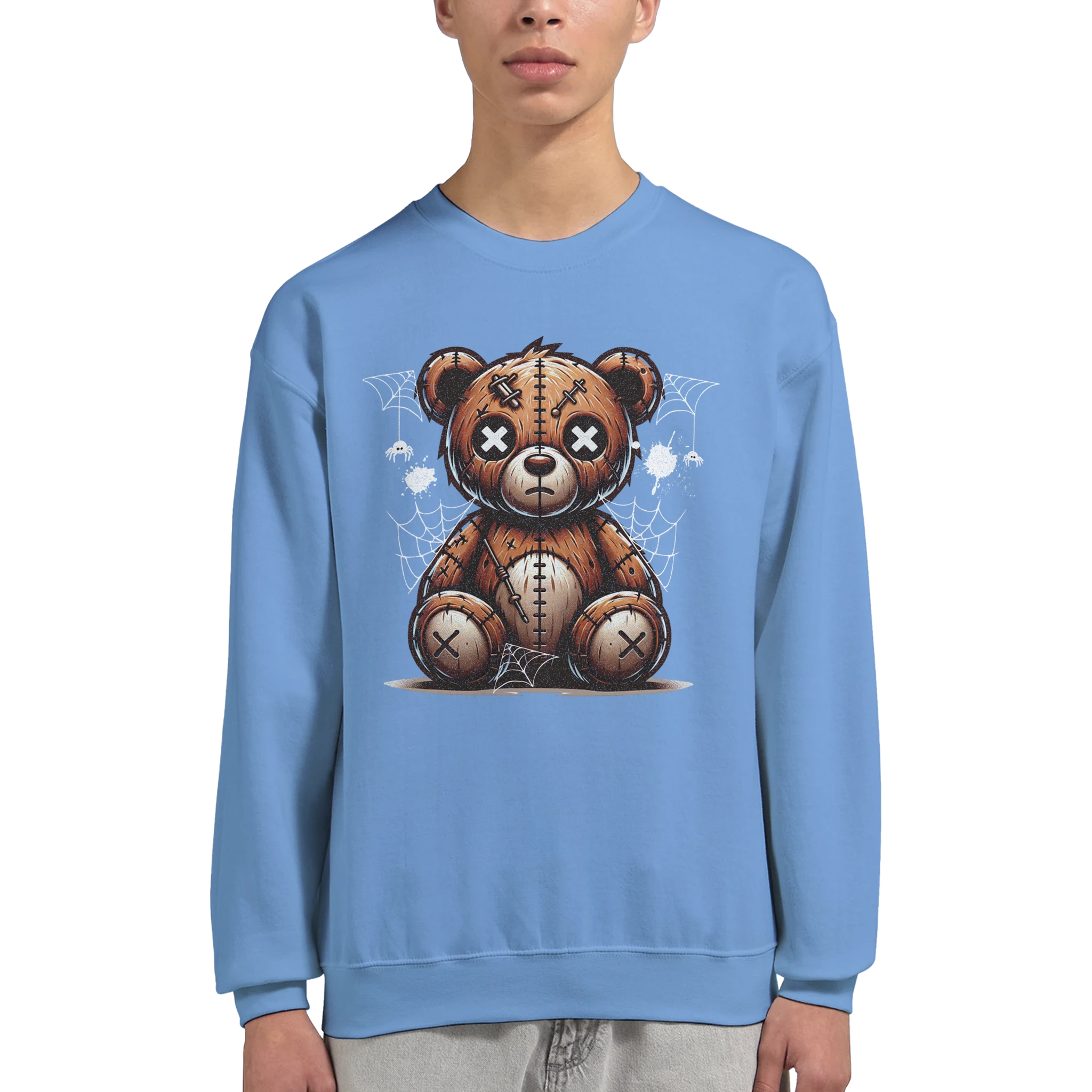 Blue men's graphic sweatshirt with a stitched teddy bear and spiderweb design.