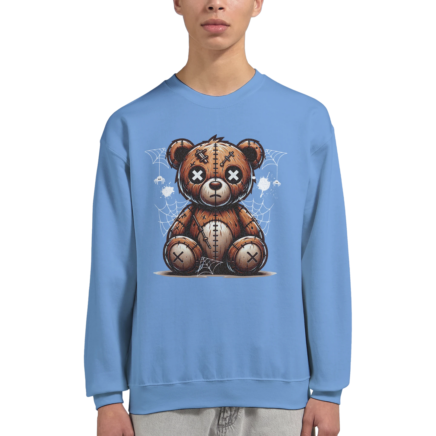 Blue men's graphic sweatshirt with a teddy bear graphic worn by a person on a white background