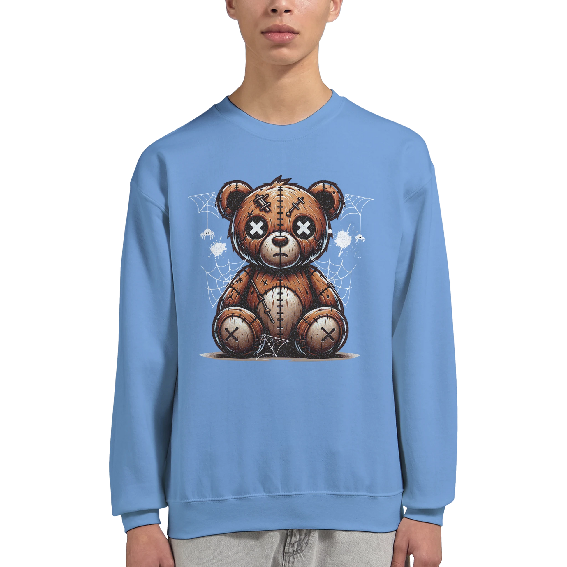 Blue men's graphic sweatshirt with a teddy bear graphic worn by a person on a white background