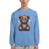 Blue men's graphic sweatshirt with a stitched teddy bear and spiderweb design.