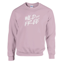Pastel pink women's sweatshirt with white 'WILD AND FREE' script across the chest.