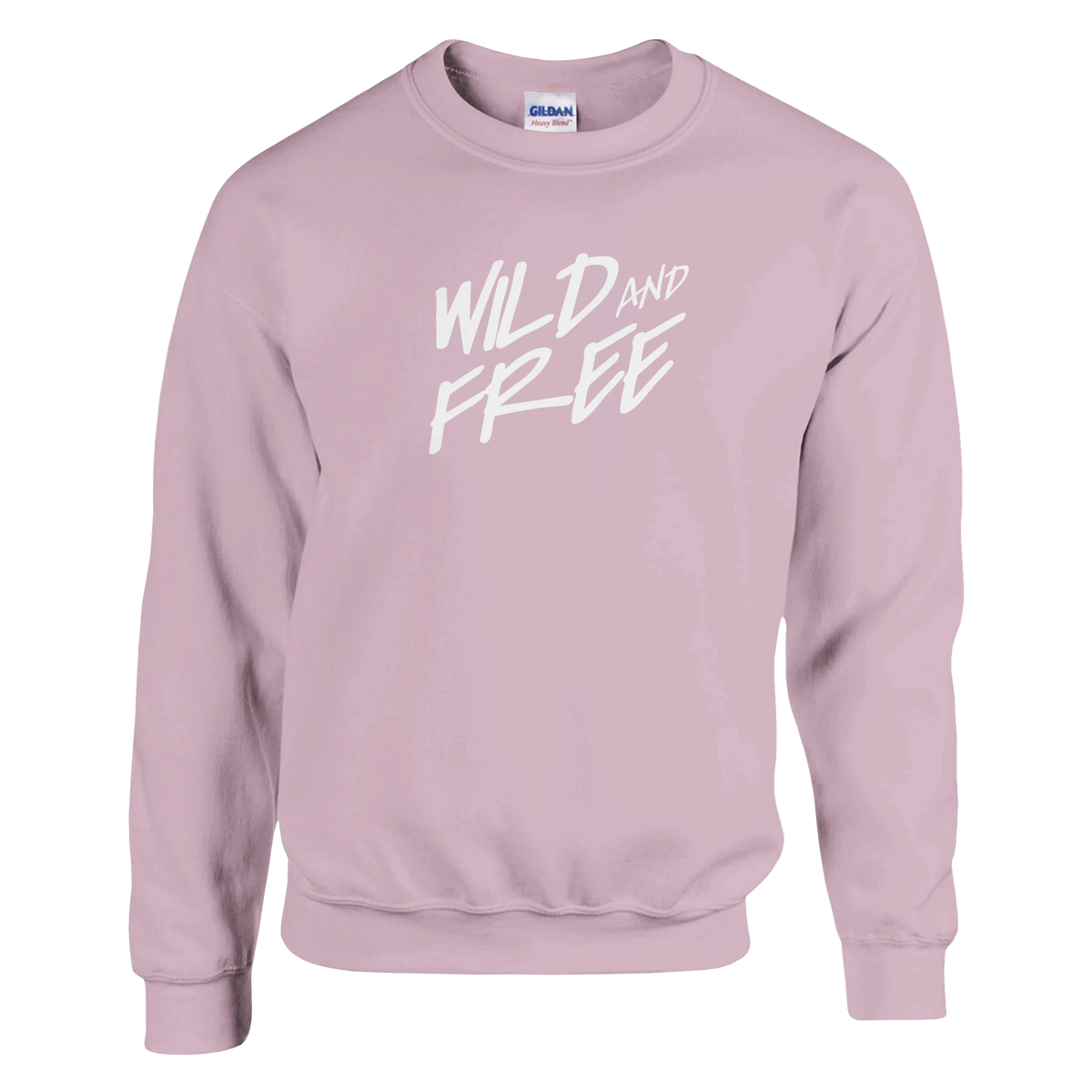 Pastel pink women's sweatshirt with white 'WILD AND FREE' script across the chest.