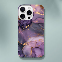 Purple and gold abstract marble phone case with luxury gold veining and fluid art design for iPhone 13-16 models.