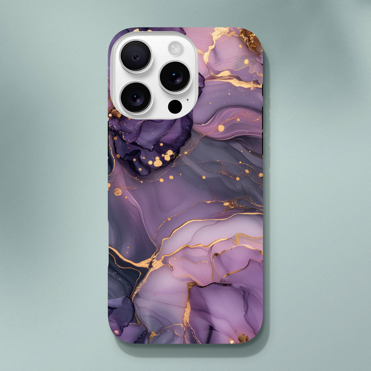 Purple and gold abstract marble phone case with luxury gold veining and fluid art design for iPhone 13-16 models.
