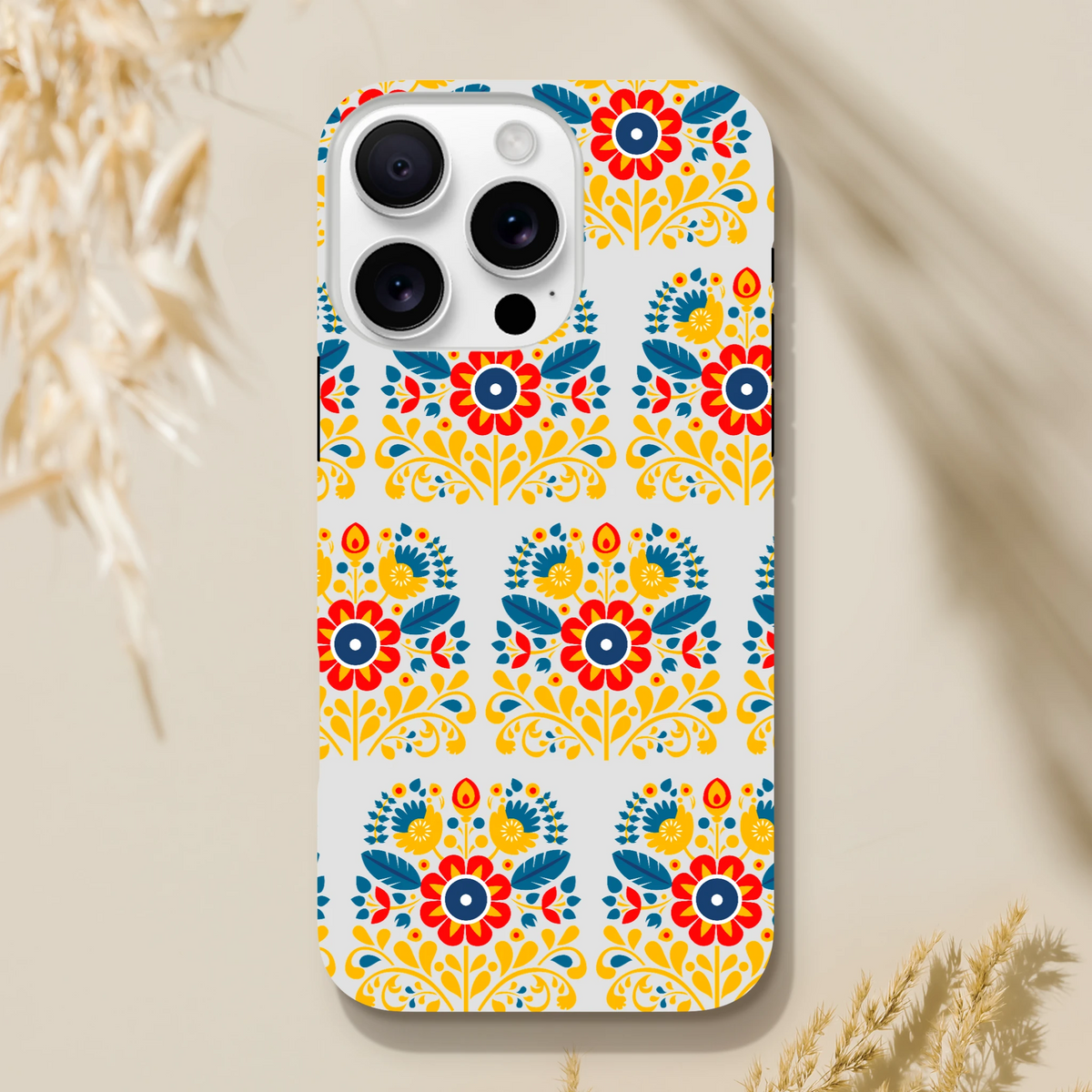 Floral wraparound print protective case for iPhone 16-13; dual-layer tough cover with glossy finish on back and sides.