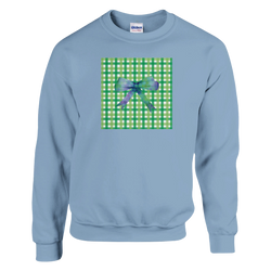 Light blue women's sweatshirt featuring a green gingham square graphic with a purple polka dot bow for a cute coquette aesthetic.