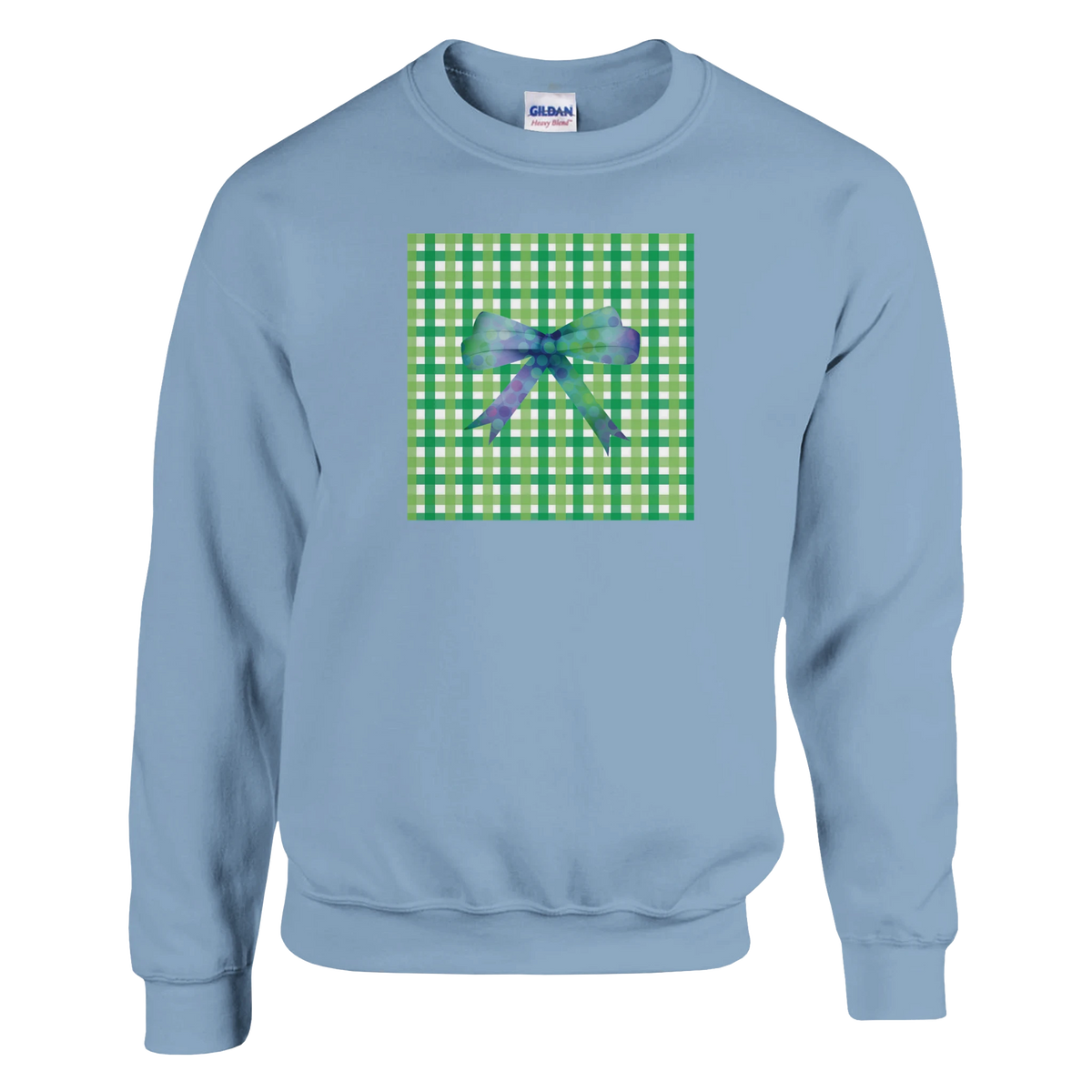 Light blue women's sweatshirt featuring a green gingham square graphic with a purple polka dot bow for a cute coquette aesthetic.