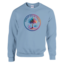 Light blue Urban Palm Trees sweatshirt pullover with rainbow palm tree circular logo, Y2K streetwear.