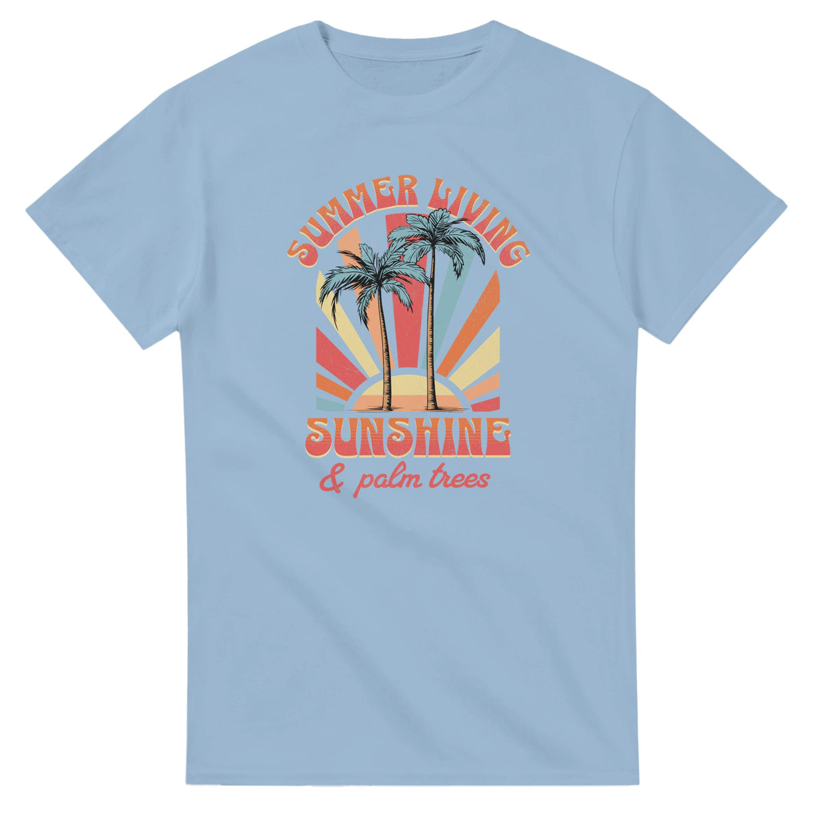 Light blue women's graphic tee with palm trees, sunburst rays, and Summer Living Sunshine & palm trees text.