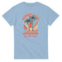 Light blue women's graphic tee with palm trees, sunburst rays, and Summer Living Sunshine & palm trees text.