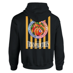 Retro peaches graphic hoodie for women featuring striped fruit back print with Urban Palm Trees branding and Manchester text.