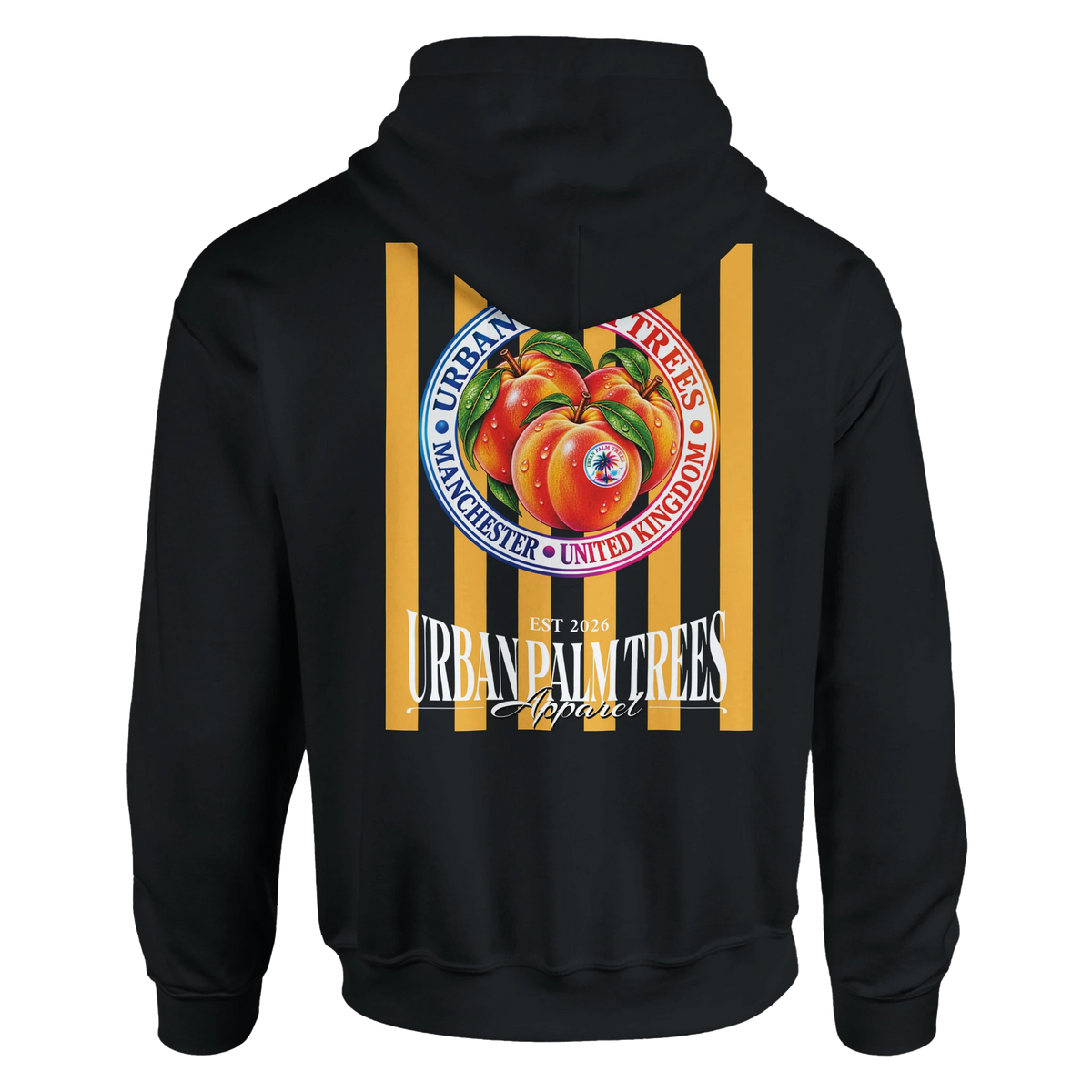 Retro peaches graphic hoodie for women featuring striped fruit back print with Urban Palm Trees branding and Manchester text.