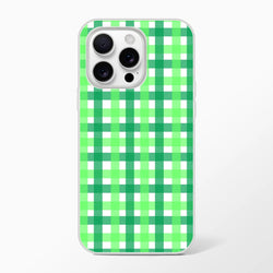 Green gingham iPhone case with a cute, bold checkered pattern.