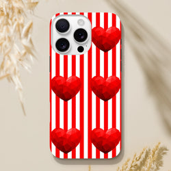 Red and white vertical striped iPhone case featuring retro low-poly red heart designs for impact resistant街头wear protection.