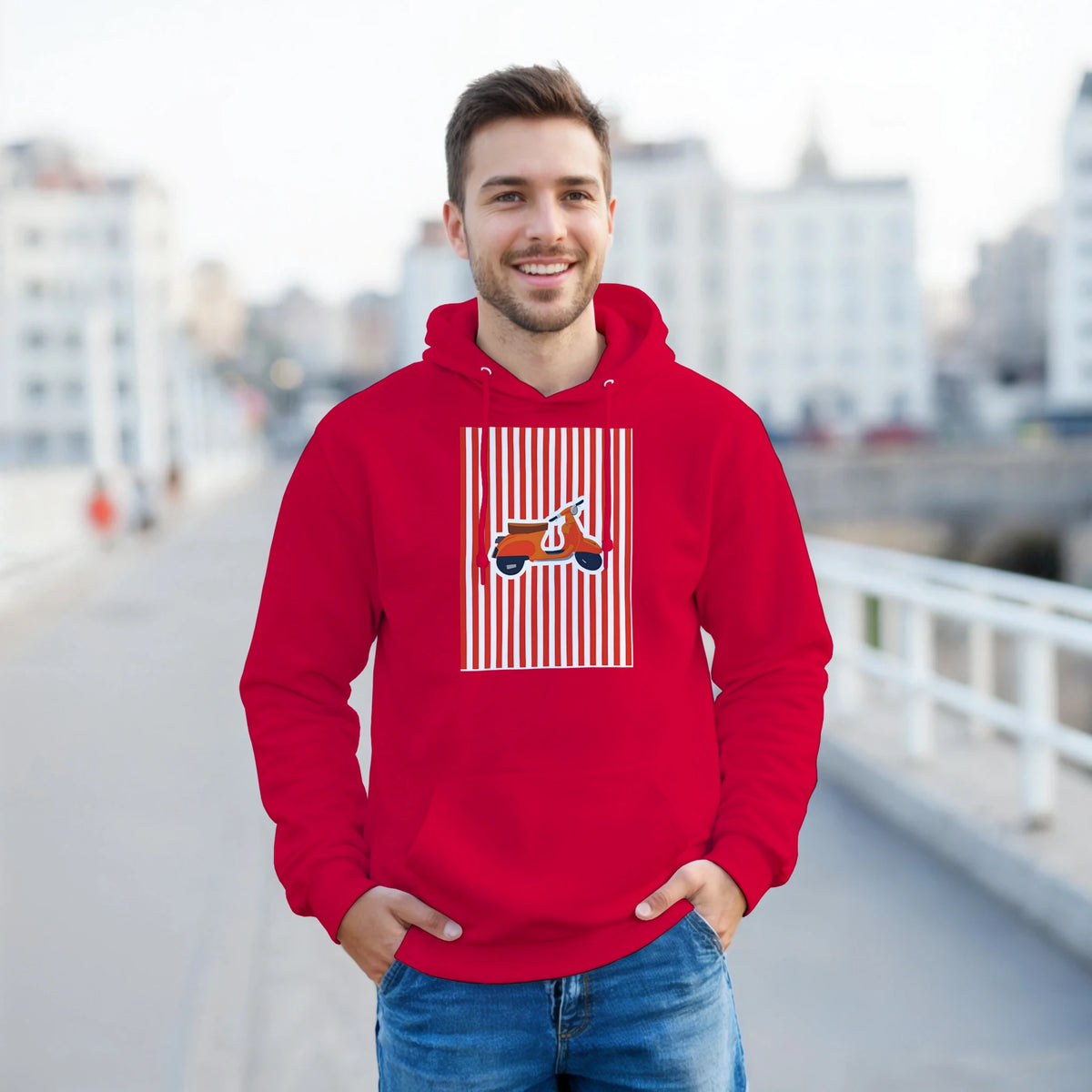 Red retro scooter hoodie featuring a vintage mod style graphic print with vertical stripes and classic Vespa culture design.