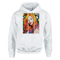White hoodie featuring retro redhead pop-art woman graphic on front.