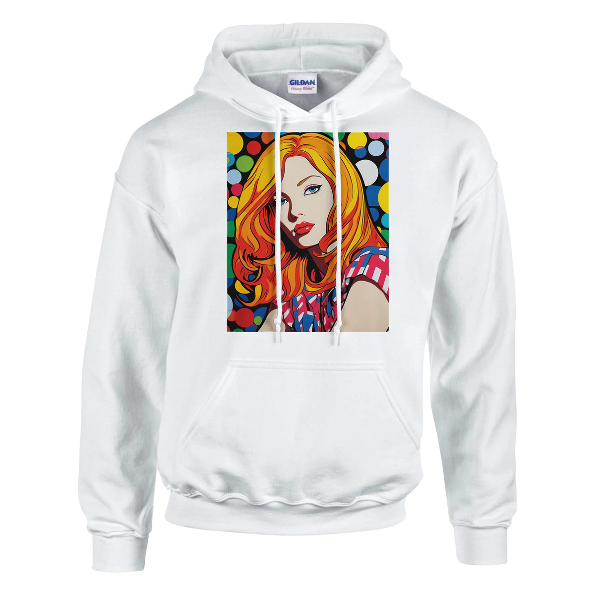 White hoodie featuring retro redhead pop-art woman graphic on front.