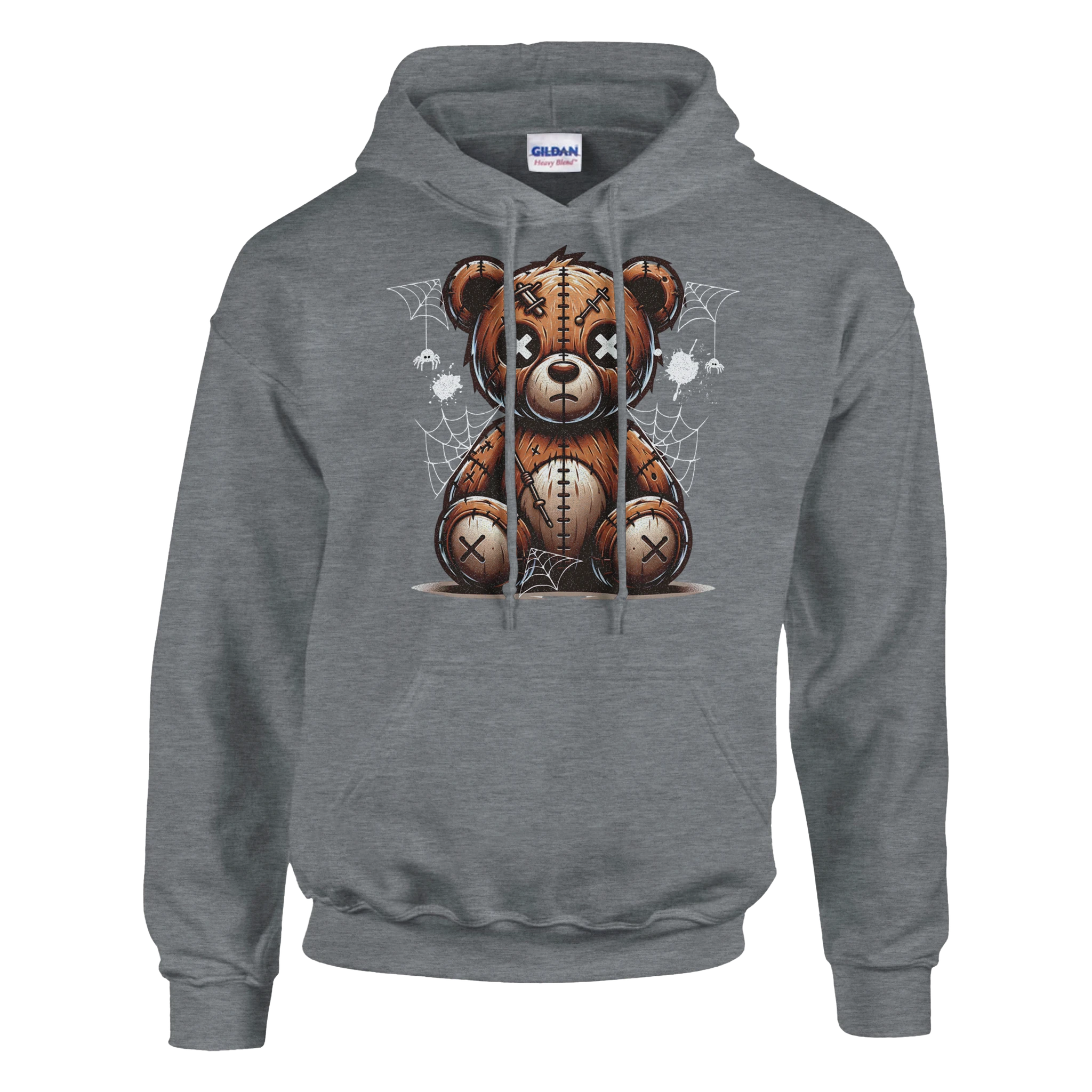 Grey men's stressed teddy bear hoodie, 50/50 cotton-poly, with patchwork seams and spider webs.
