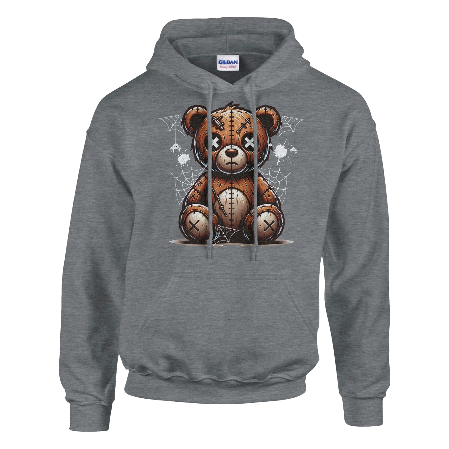 Gray men's teddy bear hoodie with a on a white background