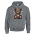 Grey men's stressed teddy bear hoodie, 50/50 cotton-poly, with patchwork seams and spider webs.