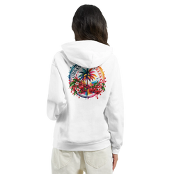 White women's hoodie featuring a colorful retro back print with palm trees, cherries, and flowers for tropical streetwear.