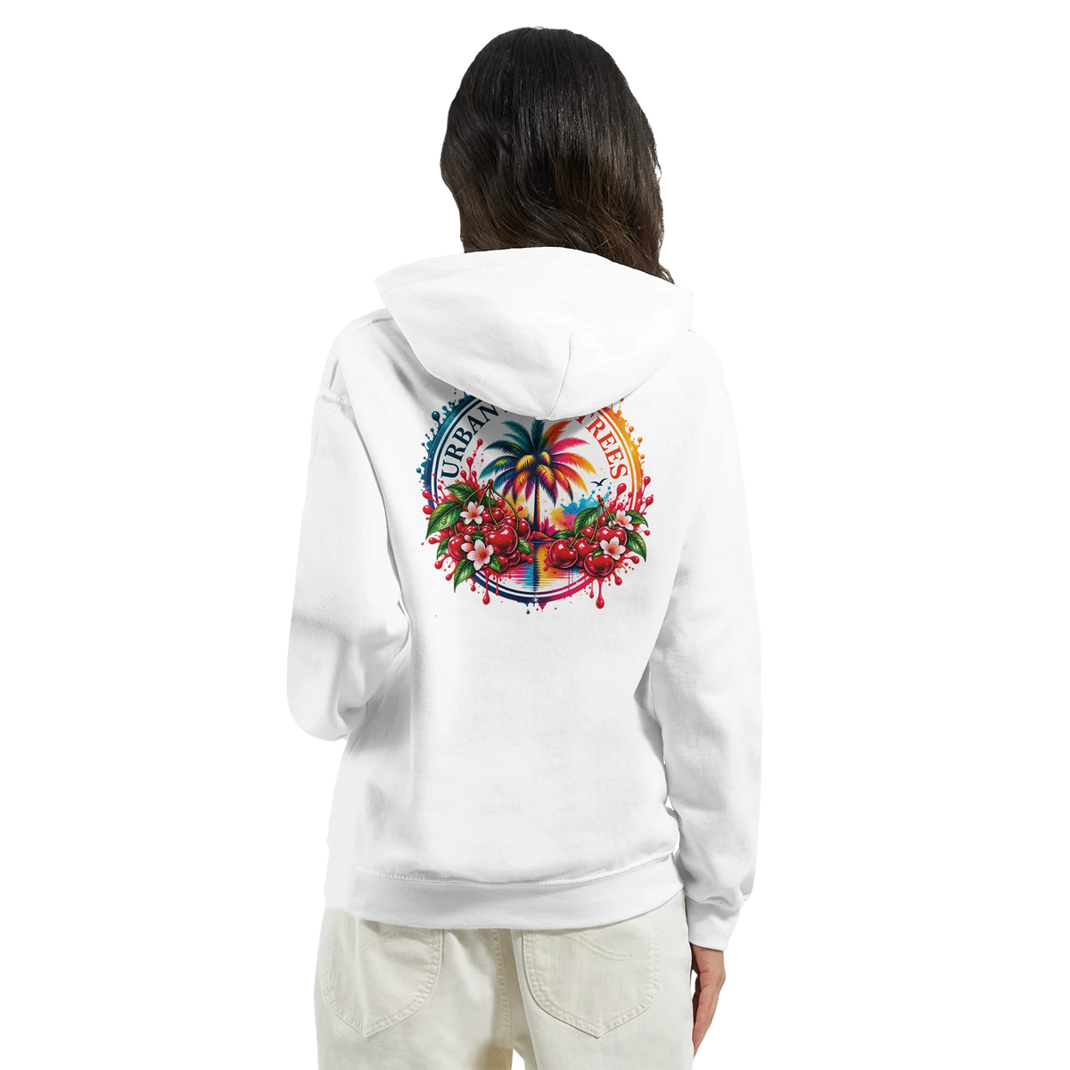 White women's hoodie featuring a colorful retro back print with palm trees, cherries, and flowers for tropical streetwear.