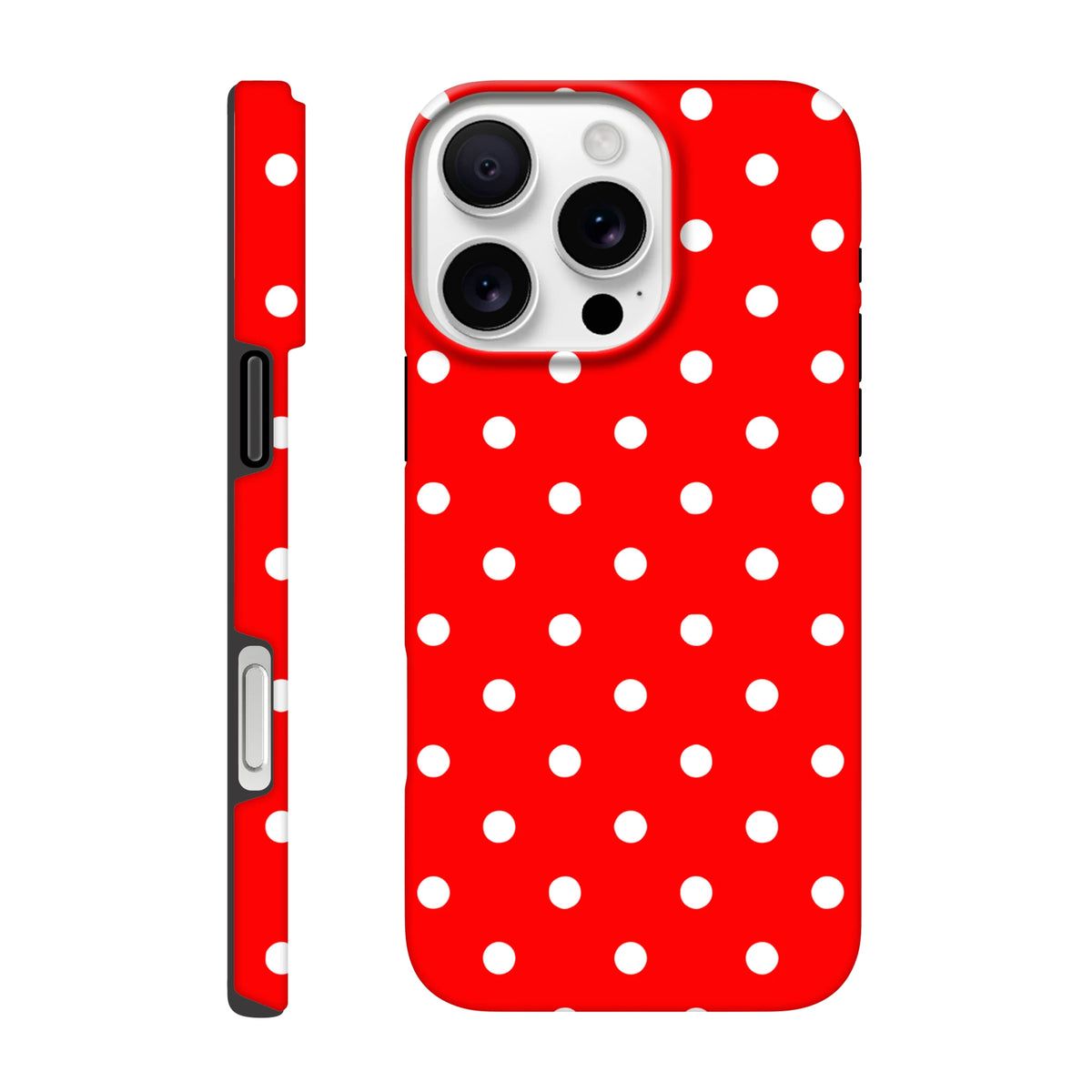 Red and white polka dot tough iPhone case with dual-layer TPU protection and glossy finish for models 13 through 16.