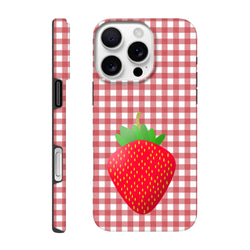 Red and white gingham iPhone case featuring a cute large strawberry graphic. Tough phone cover for drop protection.
