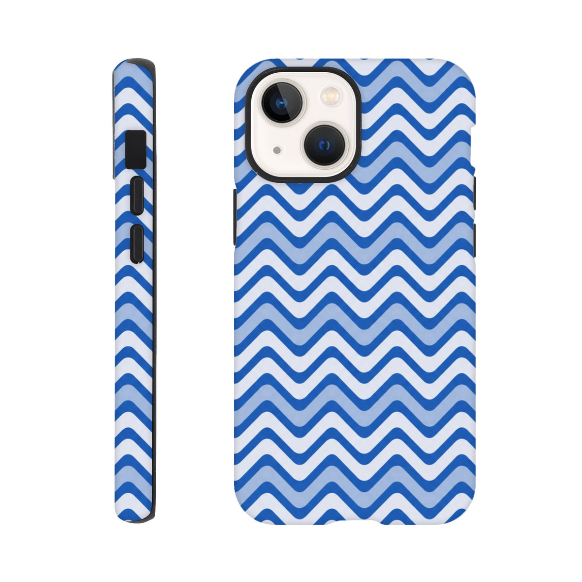 Blue and white retro chevron iPhone case with glossy zigzag wraparound print and tough shock-absorbing TPU protection for daily use.