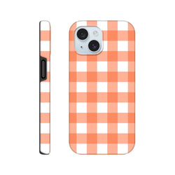 Retro orange gingham tough iPhone case featuring a vintage checkered pattern and shock-absorbing protection for models 13-16.