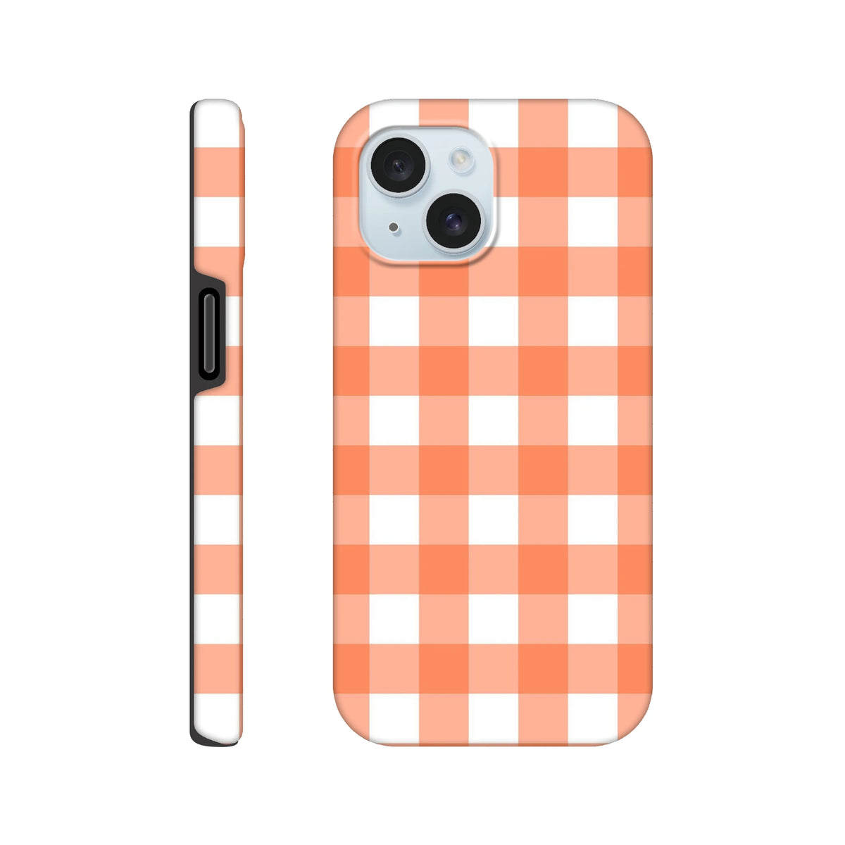 Retro orange gingham tough iPhone case featuring a vintage checkered pattern and shock-absorbing protection for models 13-16.