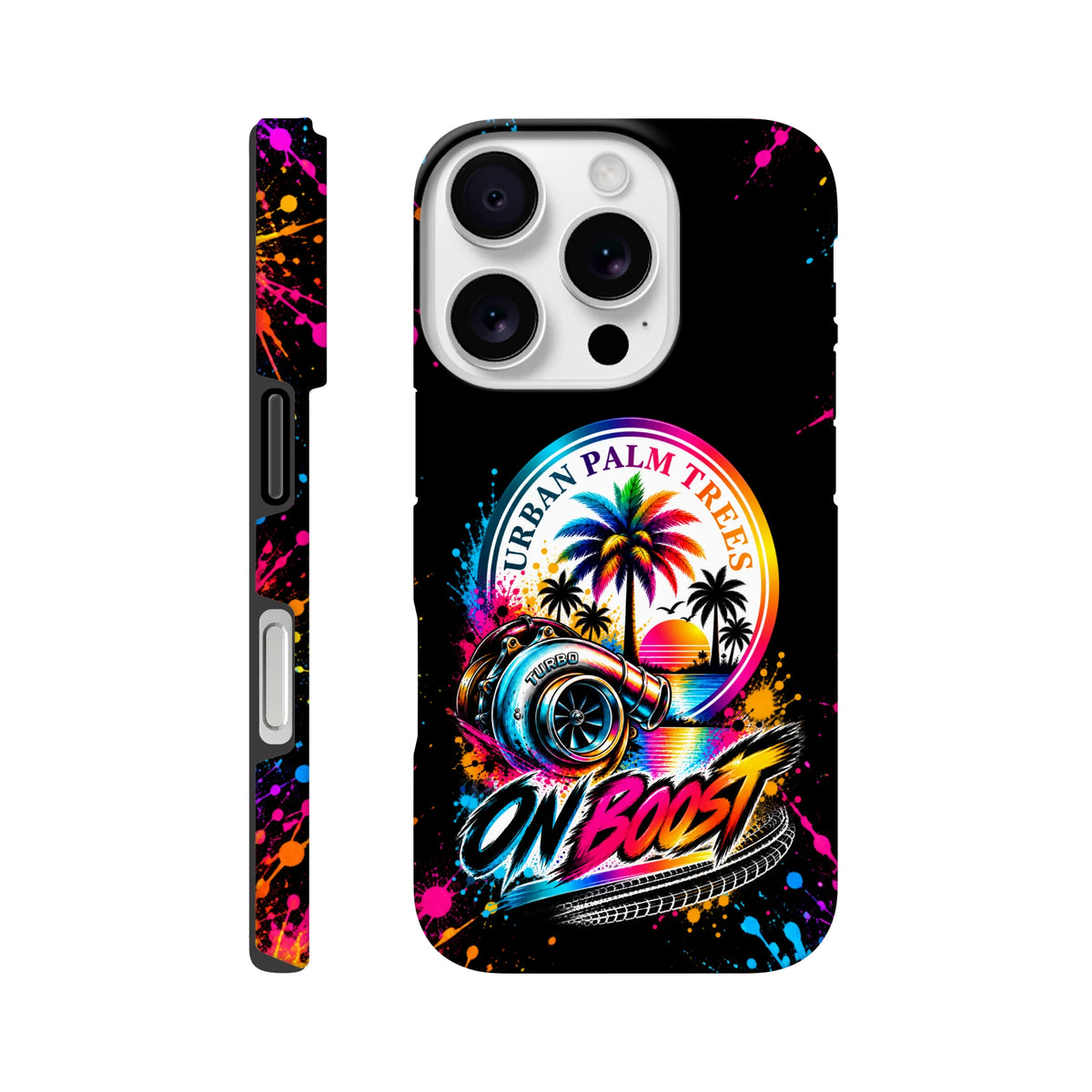 On Boost iPhone case featuring a colorful turbocharger, palm trees, and "Urban Palm Trees" text with vibrant paint splatter accents.