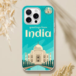 Vintage postcard India Holiday iPhone Case (13-16) with teal flexi shell and Taj Mahal illustration.