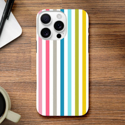 Retro rainbow striped tough iPhone case featuring vertical pink, blue, green, and yellow bands on a wooden desk.
