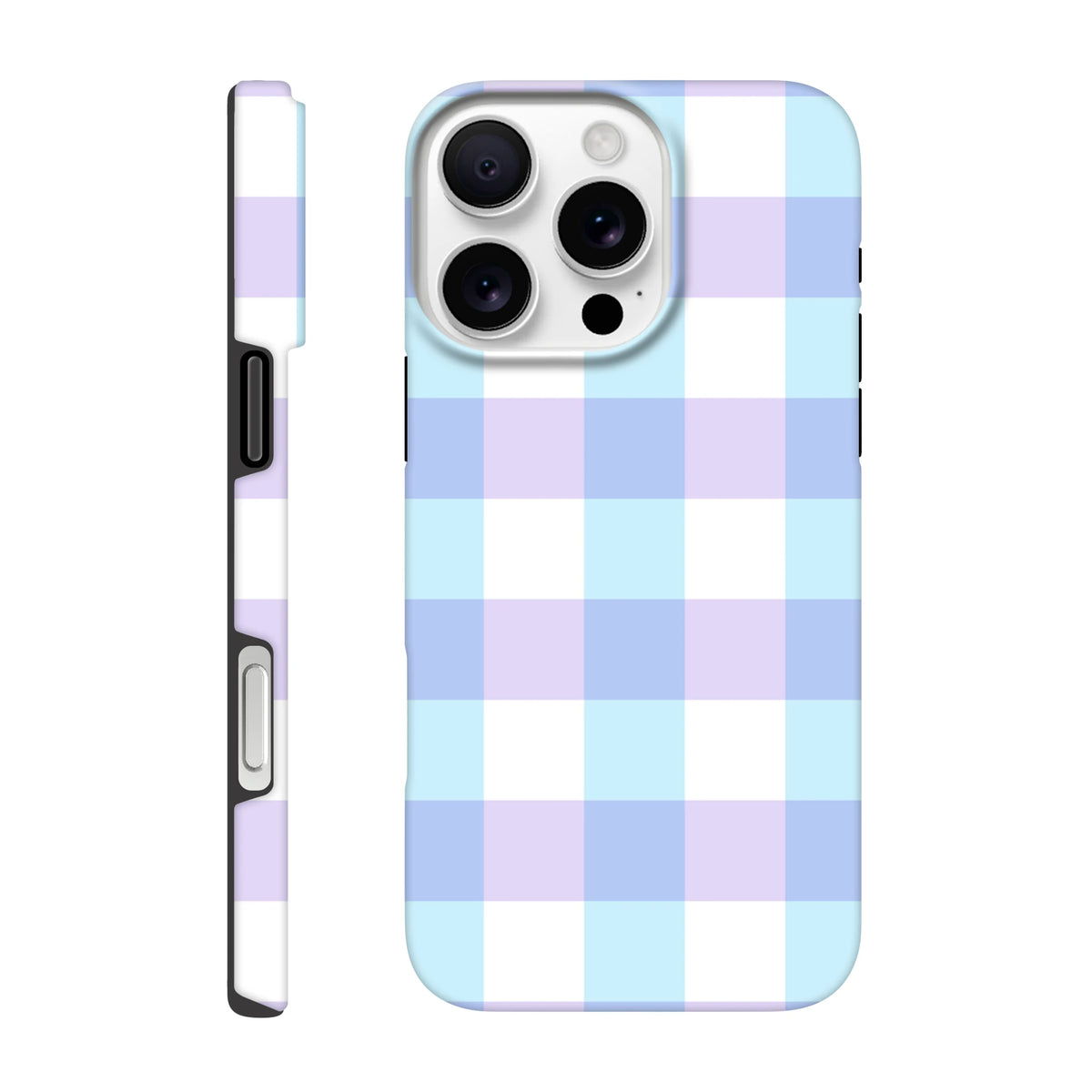 Pastel blue gingham iPhone case with lavender checkered pattern. Tough shock-absorbing cover for iPhone 13-16.