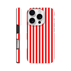 Retro red and white vertical striped tough iPhone case with bold wraparound design for rugged daily protection.