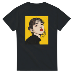 Black t-shirt featuring bold pop art graphic of a woman with red lips and gold hoops on a yellow background for men's streetwear.