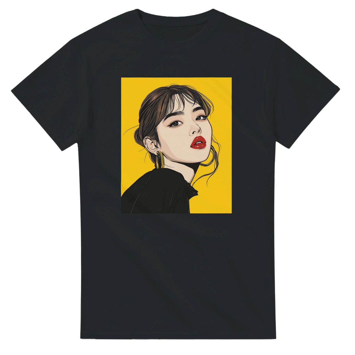 Black t-shirt featuring bold pop art graphic of a woman with red lips and gold hoops on a yellow background for men's streetwear.