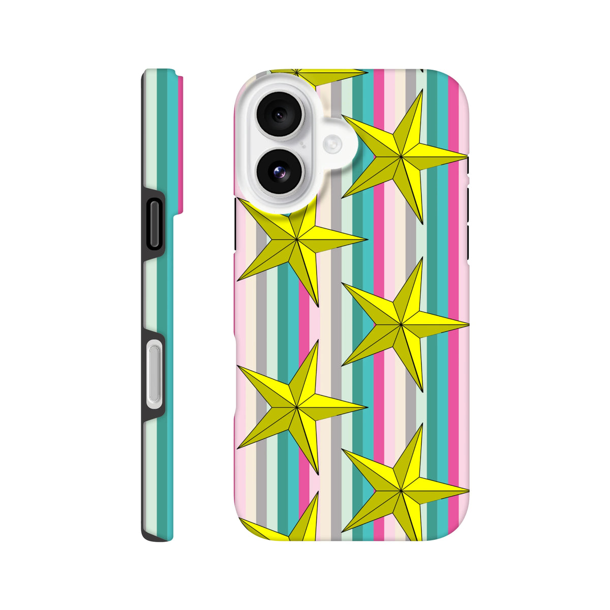 Retro iPhone case featuring yellow stars on colorful vertical stripes with tough side bumper protection for daily use.