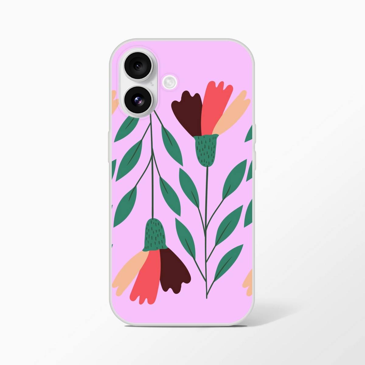 Vintage floral iPhone case (13-16) with pink background and colorful petals, slim matte finish.