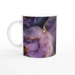 Purple and gold marble mug with abstract agate pattern and white ceramic handle.