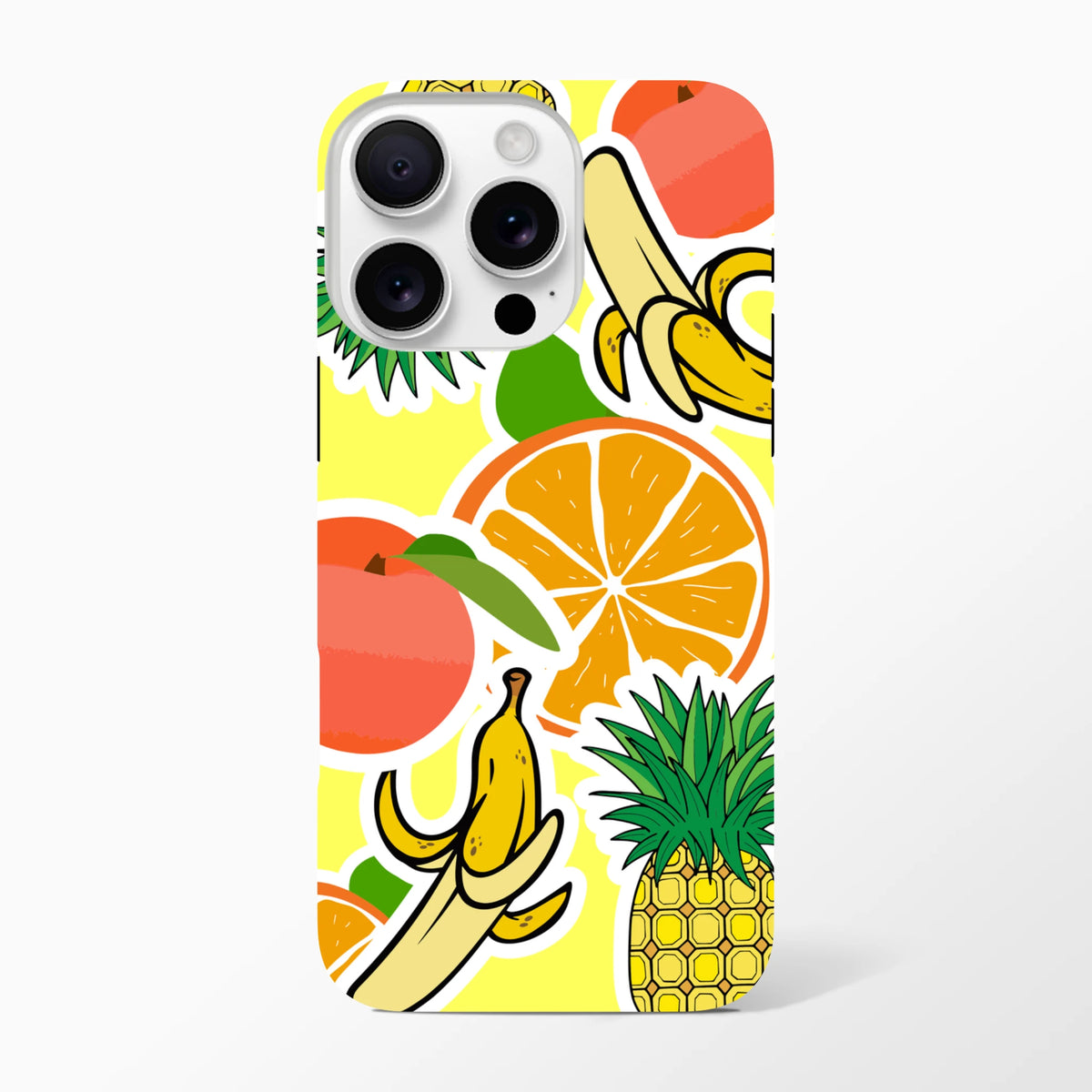 Tough iPhone case featuring a yellow tropical sticker design with orange, banana, and pineapple graphics wrapping around the edges.