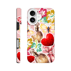 Pink floral iPhone case with butterfly, perfume bottle, and red gem sticker graphics. Tough full-wrap streetwear design.