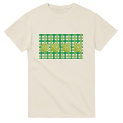 Cream T-shirt with lime slices on a green gingham panel for a citrus look.