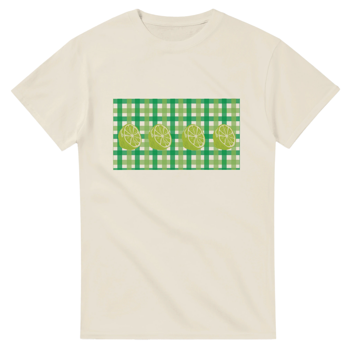 Cream T-shirt with lime slices on a green gingham panel for a citrus look.