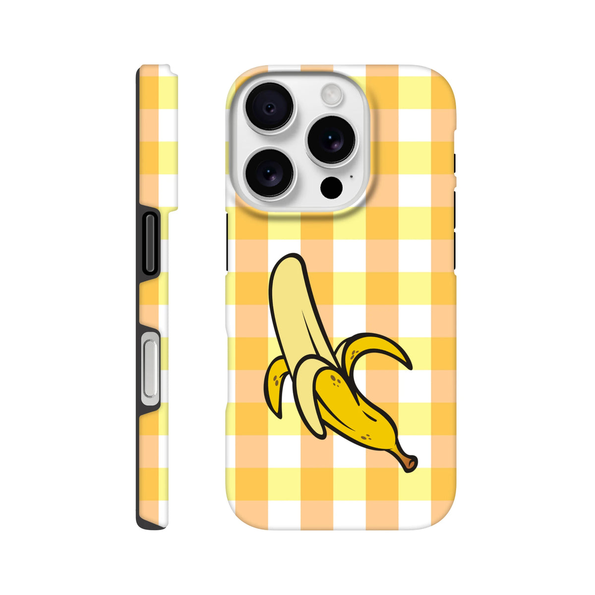 Yellow and white gingham iPhone case featuring a cartoon peeled banana design, offering tough protection for iPhone 13-16 models.