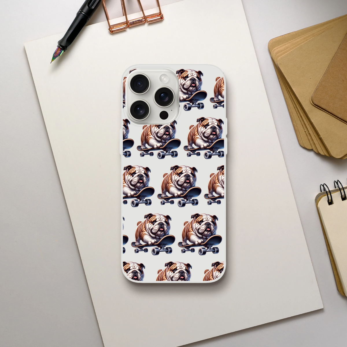 British Bulldog skateboard pattern phone case for iPhone 13-16, slim transparent protective cover